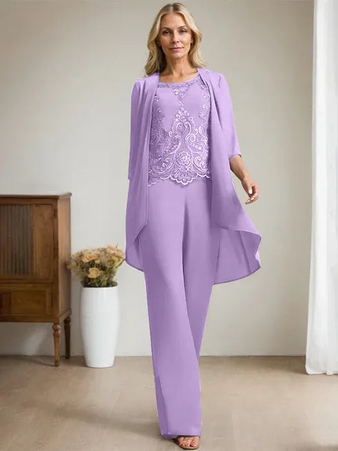 Floor-Length Chiffon Lace Mother of the Bride Jumpsuit/Pantsuit with Scoop Neck, Beading, and Sequins