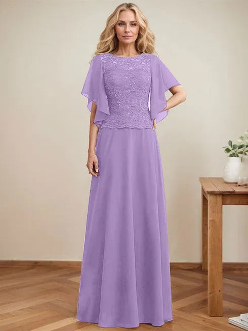 A-Line Scoop Neck Illusion Floor-Length Lace Chiffon Mother of the Bride Dress with Sequins