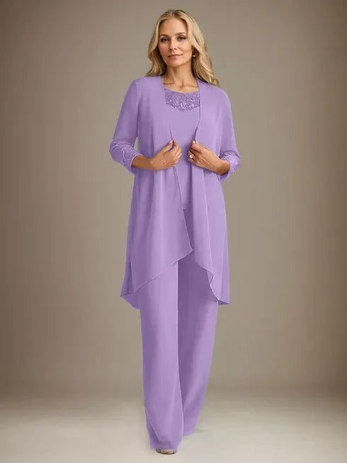 Chiffon Scoop Neck Long Sleeve Mother of the Bride Pantsuit with Jacket