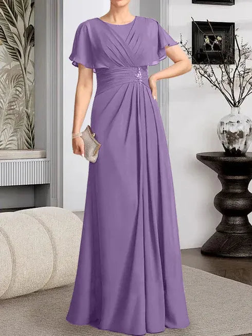 A-Line Scoop Neck Floor-Length Chiffon Mother of the Bride Dress with Pleated Beading