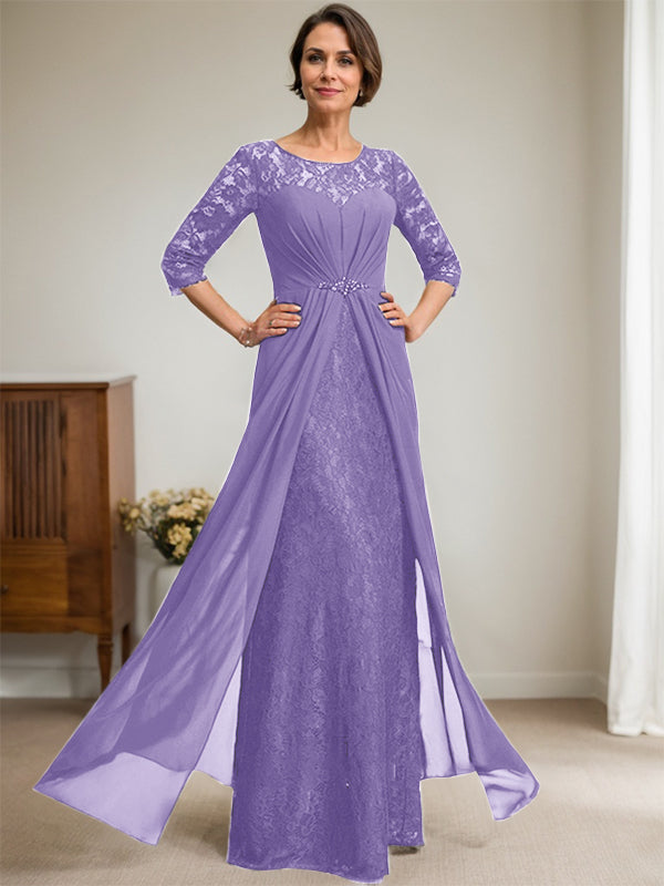 A-Line Scoop Neck Illusion Floor-Length Lace Chiffon Mother of the Bride Dress with Beaded Ruffles
