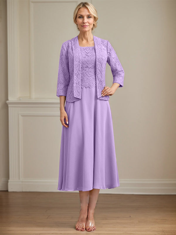 A-Line Scoop Neck Tea-Length Lace Chiffon Mother of the Bride Dress