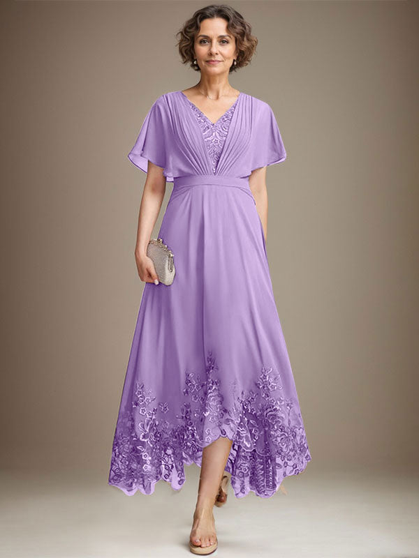 A-Line V-Neck Asymmetrical Lace Chiffon Mother of the Bride Dress with Pleats
