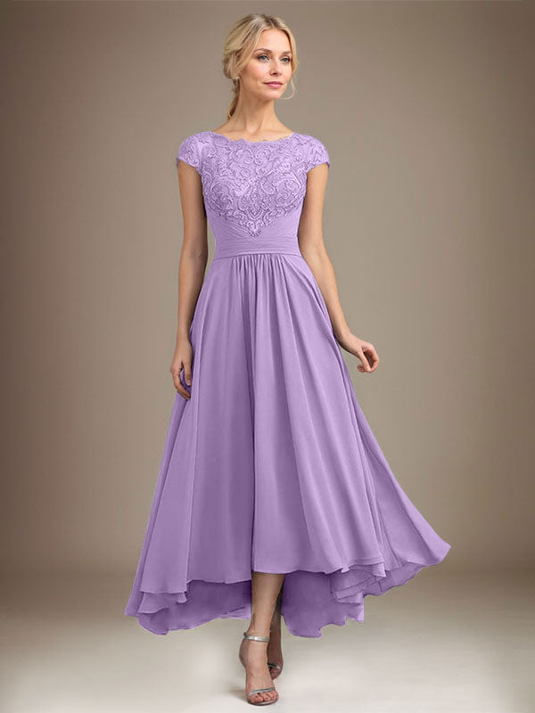 A-Line Scoop Neck Illusion Asymmetrical Lace Chiffon Mother of the Bride Dress with Pleats