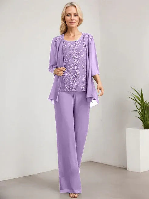 Floor-Length Lace Chiffon Mother of the Bride Jumpsuit/Pantsuit with Scoop Neck and Sequins
