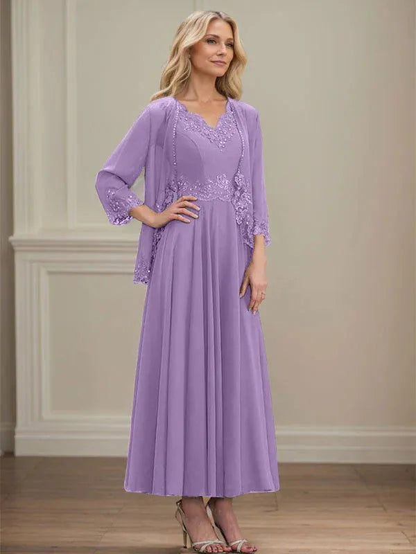 A-Line V-Neck Chiffon Mother of the Bride Dress with Sequins, Appliques, Lace, and Beading at Ankle Length