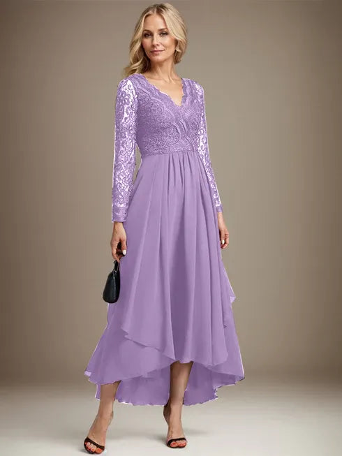 A-Line V-Neck Asymmetrical Lace Chiffon Mother of the Bride Dress