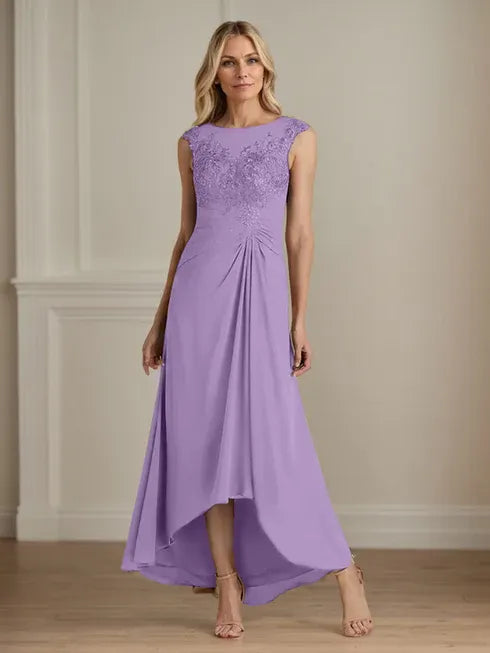Champagne A-Line Lace and Chiffon Scoop Neck Dress