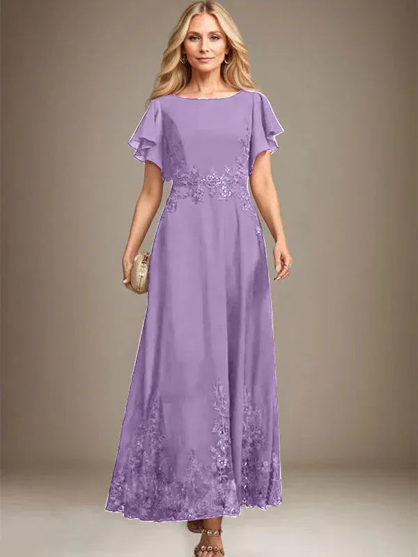 A-Line Scoop Neck Ankle-Length Lace and Chiffon Mother of the Bride Dress with Sequins
