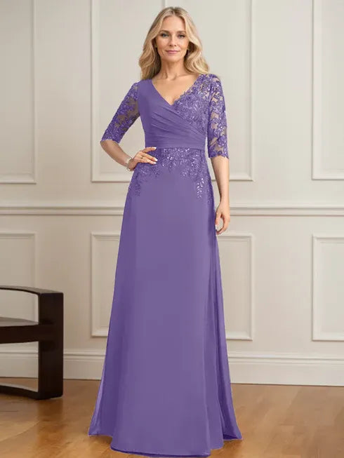 A-Line V-Neck Floor-Length Lace and Chiffon Mother of the Bride Dress with Pleated Sequins