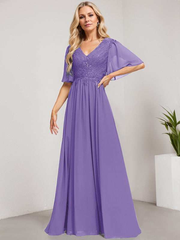 A-Line V-Neck Floor-Length Lace Chiffon Mother of the Bride Dress with Sequins