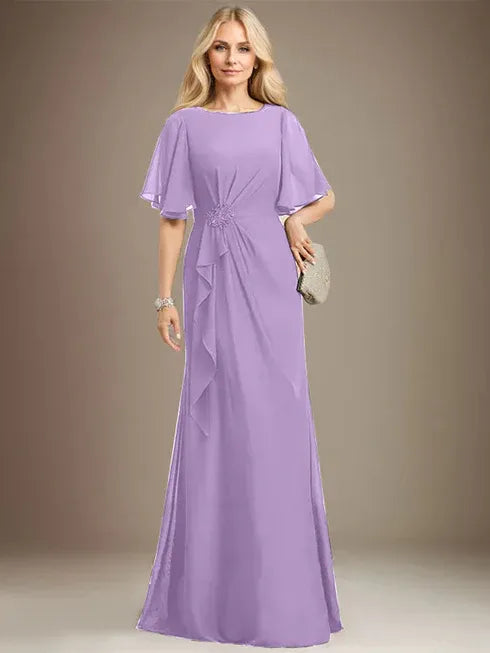 A-Line Scoop Floor-Length Chiffon Mother of the Bride Dress with Cascading Ruffles, Beading, and Sequins