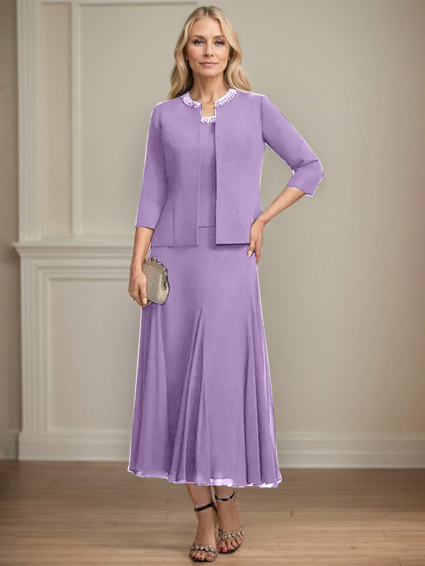 A-line Scoop Tea-Length Chiffon Mother of the Bride Dress with Sequins and Beading Separates