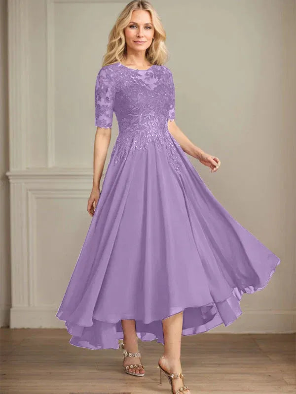 A-Line Scoop Neck Illusion Asymmetrical Chiffon and Lace Mother of the Bride Dress with Sequins