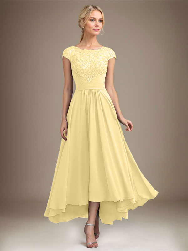 A-Line Scoop Neck Illusion Asymmetrical Lace Chiffon Mother of the Bride Dress with Pleats