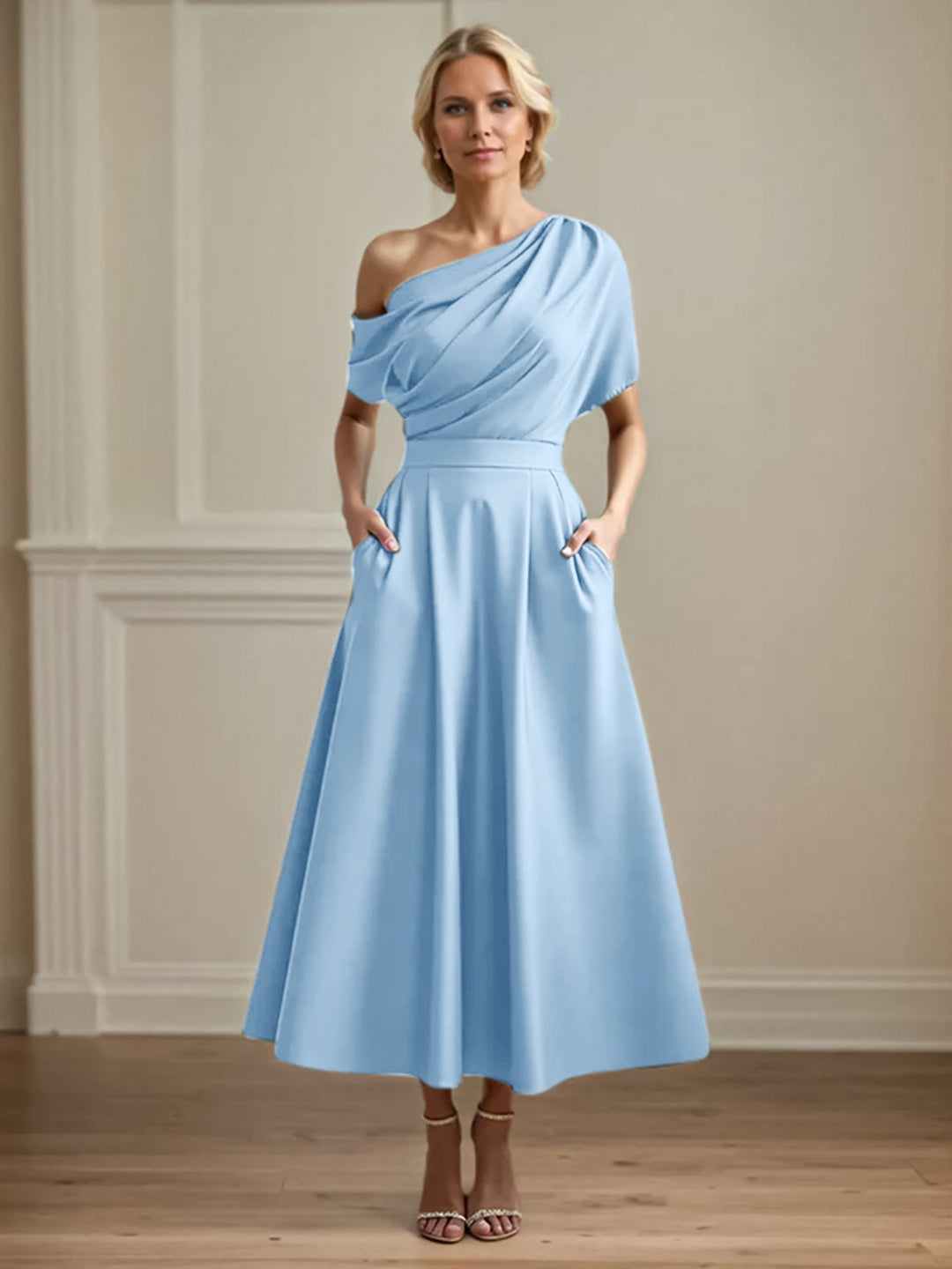 One-Shoulder Satin A-Line Pleated Ankle-Length Mother of the Bride Dress