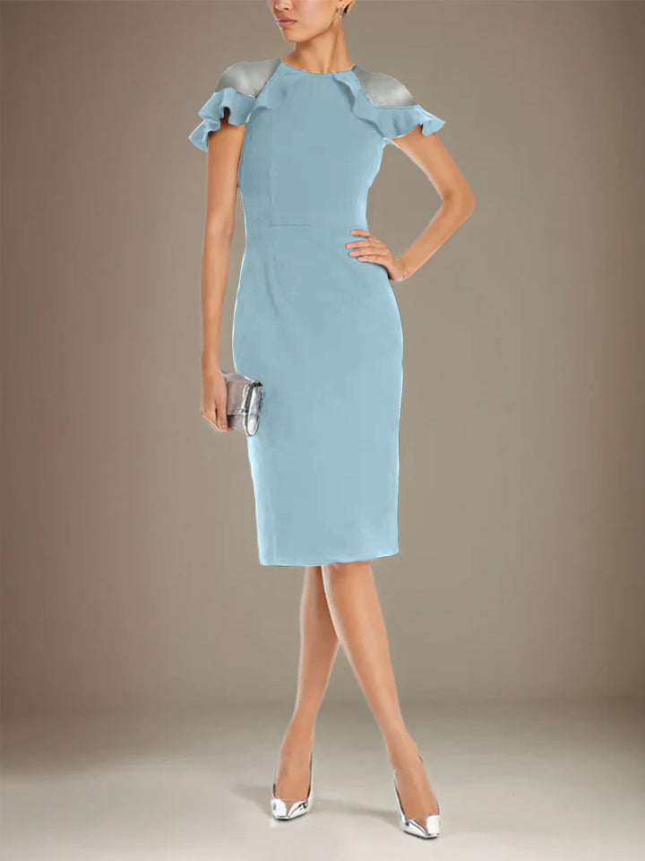 Sheath Dress with Column Stretch Crepe, Scoop Neck, Short Sleeves, Knee Length