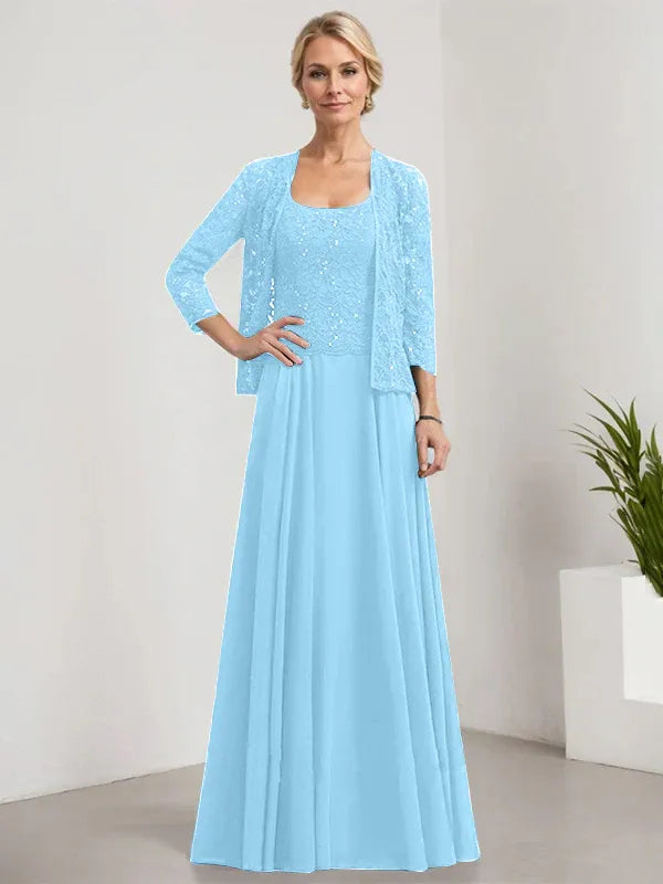A-Line Square Neck Floor-Length Lace and Chiffon Mother of the Bride Dress with Sequins