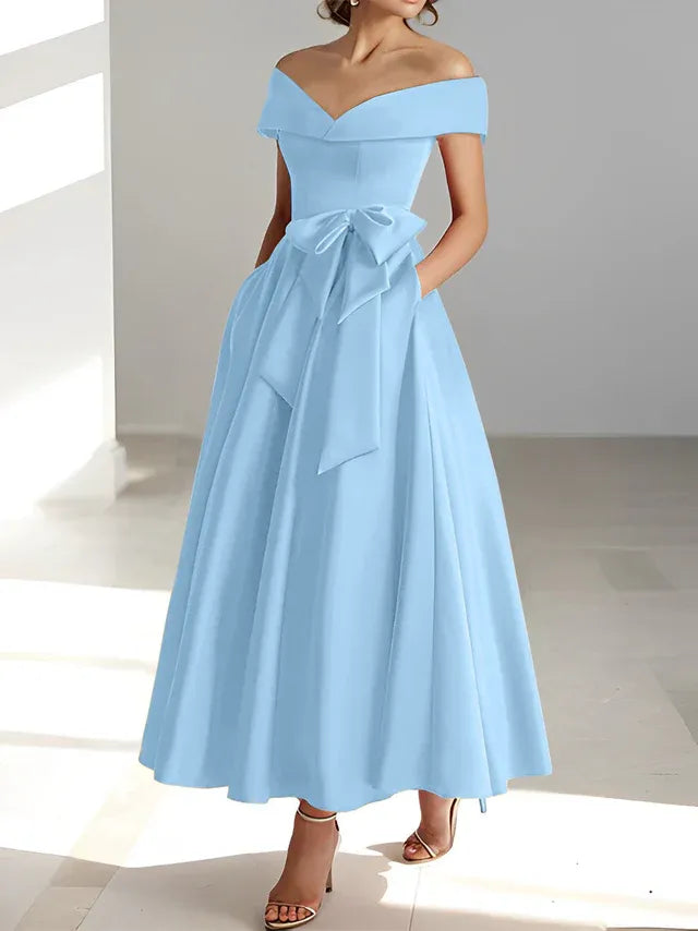 A-Line Off-the-Shoulder Sleeveless Ankle-Length Mother of the Bride Dress with Pockets