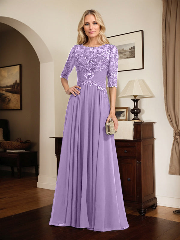 A-Line Scoop Neck Illusion Floor-Length Chiffon and Lace Mother of the Bride Dress with Pleated Sequins