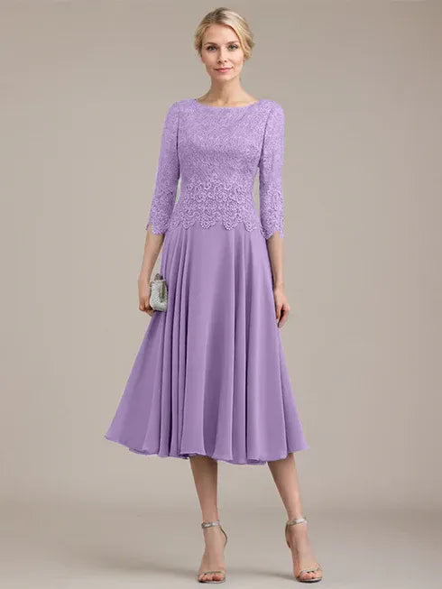 A-Line Scoop Neck Tea-Length Lace Chiffon Mother of the Bride Dress