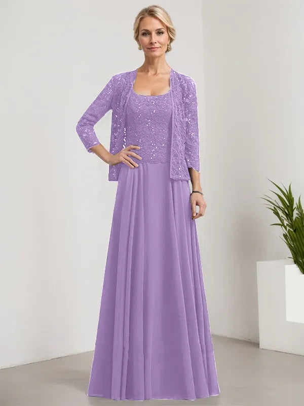 A-Line Square Neck Floor-Length Lace and Chiffon Mother of the Bride Dress with Sequins