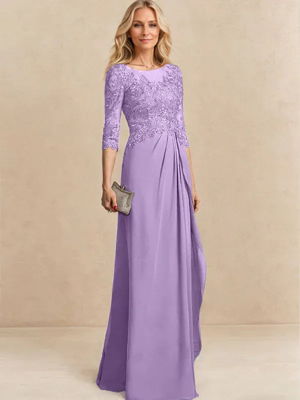A-Line Scoop Illusion Floor-Length Chiffon and Lace Mother of the Bride Dress with Beading, Sequins, and Cascading Ruffles