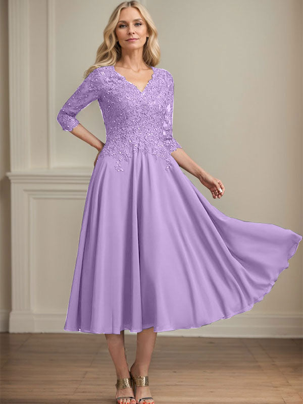 A-Line V-Neck Tea-Length Chiffon and Lace Mother of the Bride Dress with Beading and Sequins