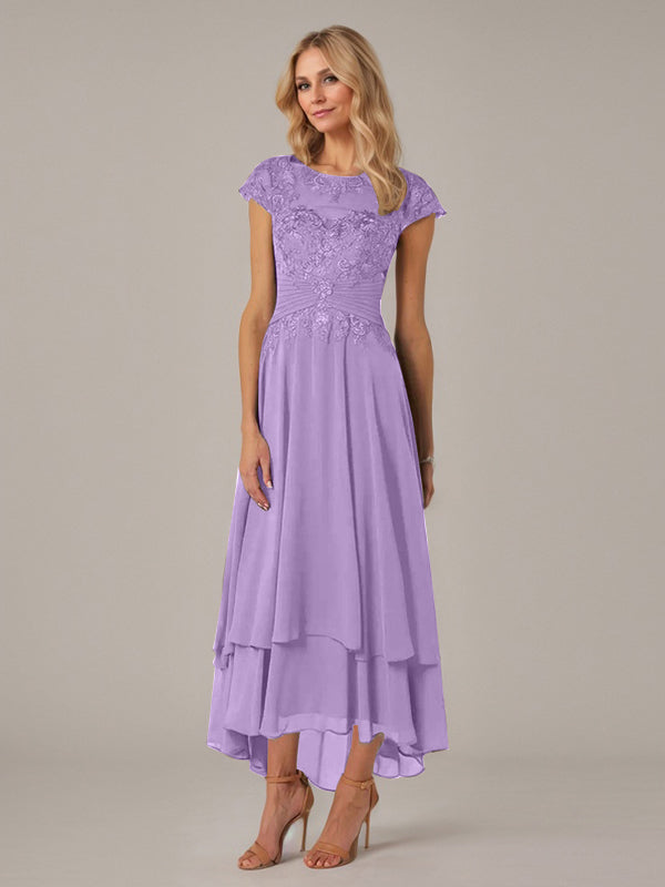 A-Line Boat Neck Illusion Asymmetrical Chiffon Lace Mother of the Bride Dress with Applique and Pleats
