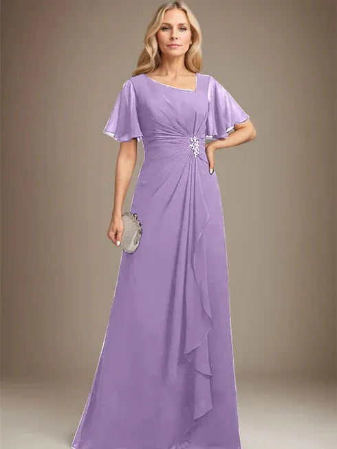 A-Line Asymmetrical Floor-Length Chiffon Mother of the Bride Dress with Pleated Beading and Sequins
