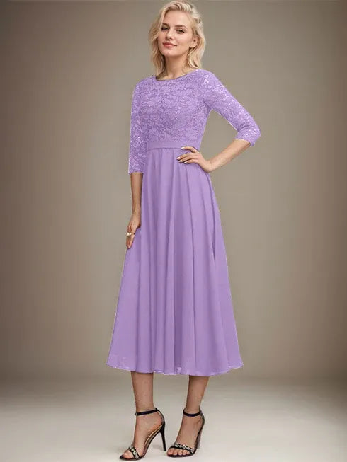 A-Line Scoop Neck Tea-Length Lace Chiffon Mother of the Bride Dress with Sequins