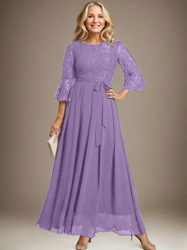 A-Line Scoop Neck Ankle-Length Lace Chiffon Mother of the Bride Dress with Bow