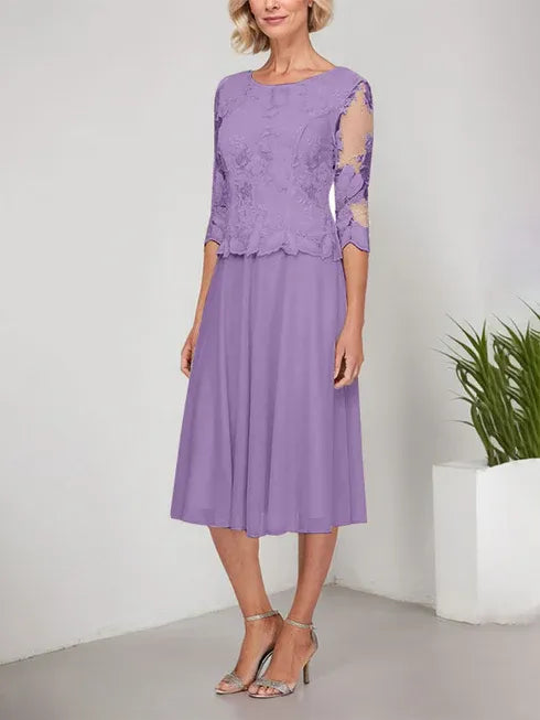 A-Line Scoop Neck Tea-Length Lace Chiffon Mother of the Bride Dress with Embroidery