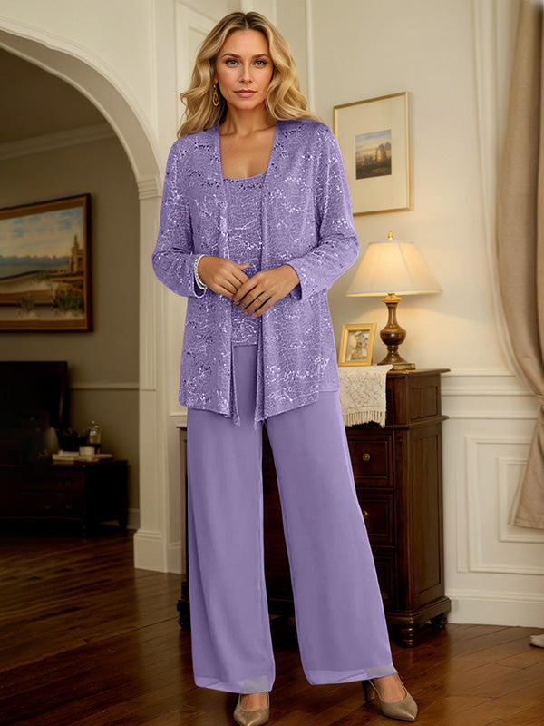 Chiffon Mother of the Bride Pantsuit Set with Jacket and Sequins