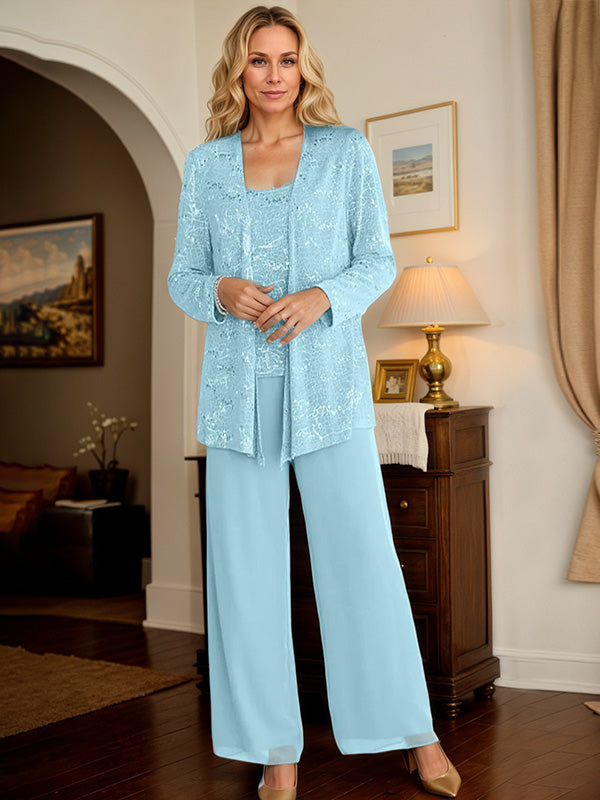 Chiffon Mother of the Bride Pantsuit Set with Jacket and Sequins