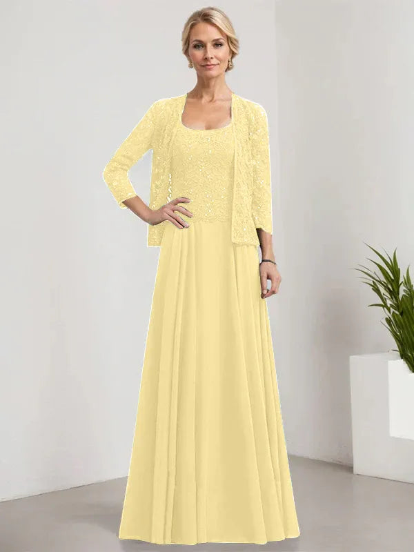 A-Line Square Neck Floor-Length Lace and Chiffon Mother of the Bride Dress with Sequins