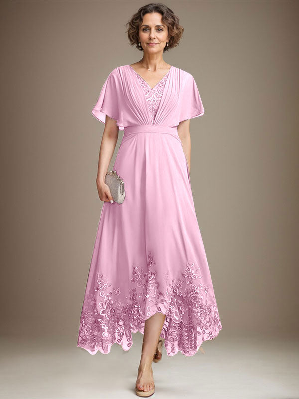 A-Line V-Neck Asymmetrical Lace Chiffon Mother of the Bride Dress with Pleats