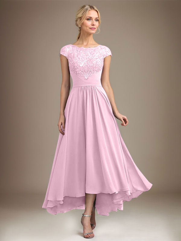 A-Line Scoop Neck Illusion Asymmetrical Lace Chiffon Mother of the Bride Dress with Pleats