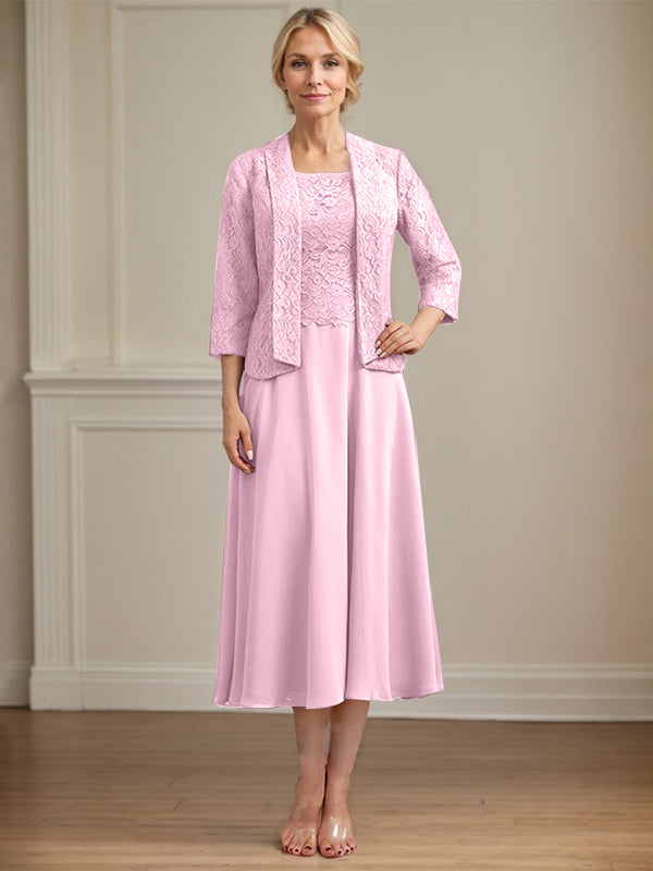 A-Line Scoop Neck Tea-Length Lace Chiffon Mother of the Bride Dress
