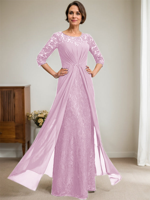 A-Line Scoop Neck Illusion Floor-Length Lace Chiffon Mother of the Bride Dress with Beaded Ruffles