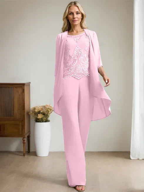 Floor-Length Chiffon Lace Mother of the Bride Jumpsuit/Pantsuit with Scoop Neck, Beading, and Sequins