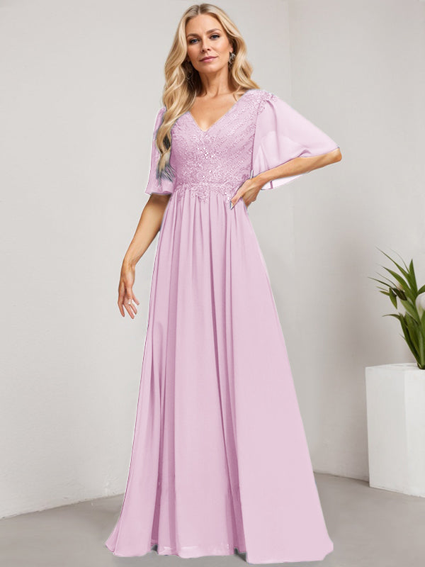 A-Line V-Neck Floor-Length Lace Chiffon Mother of the Bride Dress with Sequins