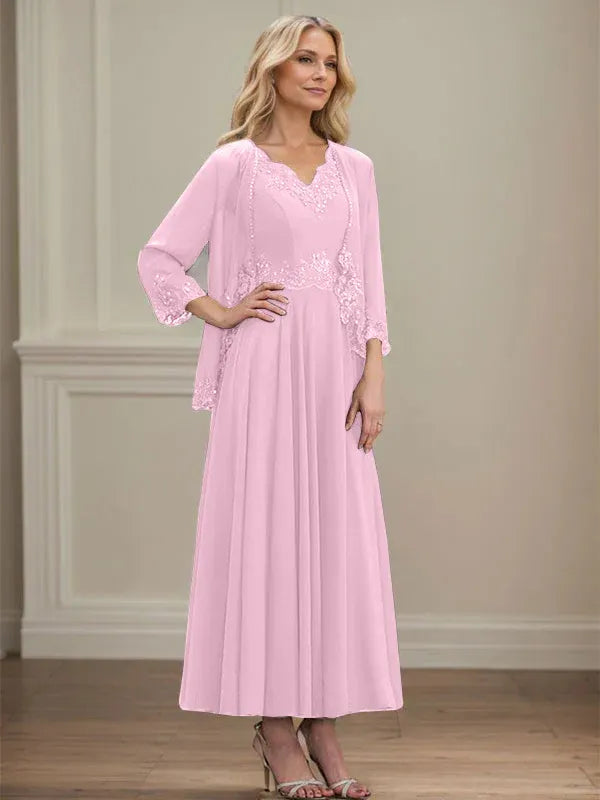 A-Line V-Neck Chiffon Mother of the Bride Dress with Sequins, Appliques, Lace, and Beading at Ankle Length