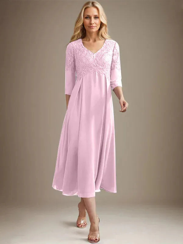 A-Line V-Neck Tea-Length Chiffon Lace Mother of the Bride Dress with Beading