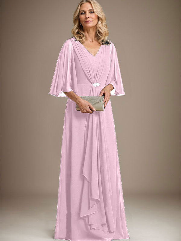 A-Line V-Neck Floor-Length Chiffon Mother of the Bride Dress with Cascading Ruffles and Crystal Brooch