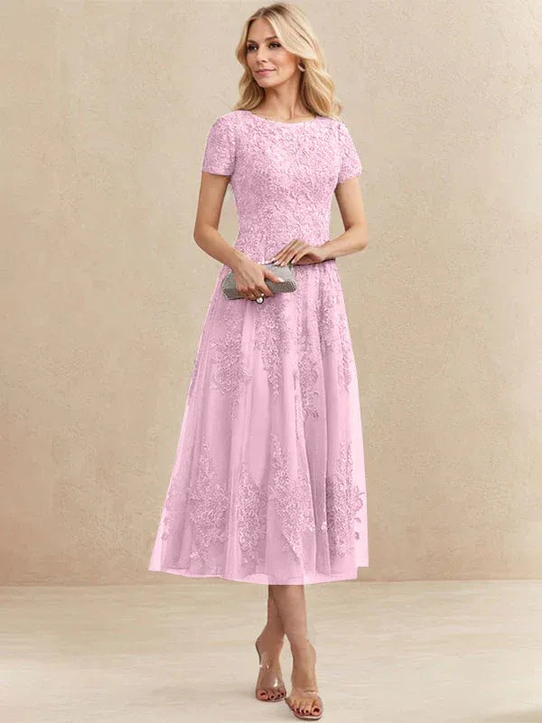 A-Line Scoop Neck Tea-Length Tulle Lace Mother of the Bride Dress