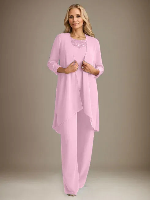 Chiffon Scoop Neck Long Sleeve Mother of the Bride Pantsuit with Jacket