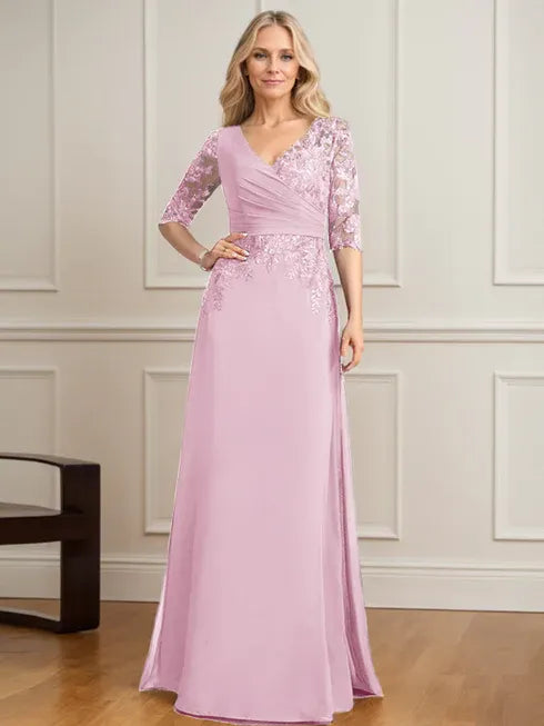 A-Line V-Neck Floor-Length Lace and Chiffon Mother of the Bride Dress with Pleated Sequins