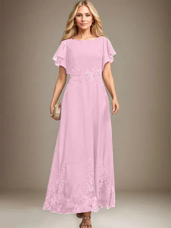A-Line Scoop Neck Ankle-Length Lace and Chiffon Mother of the Bride Dress with Sequins