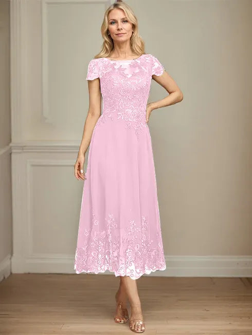 A-Line Illusion Scoop Tea-Length Lace Chiffon Mother of the Bride Dress with Sequins